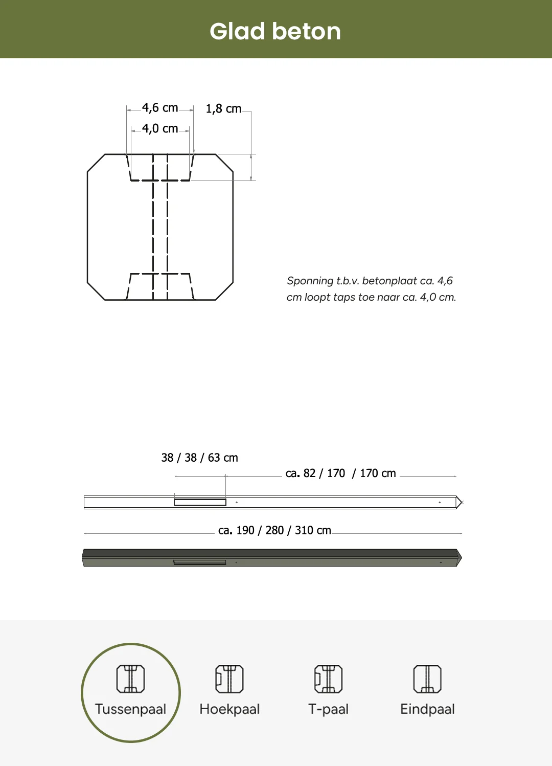 Betonpaal glad met diamantkop | grijs ongecoat | 10 x 10 cm | tussenpaal - Afbeelding 2