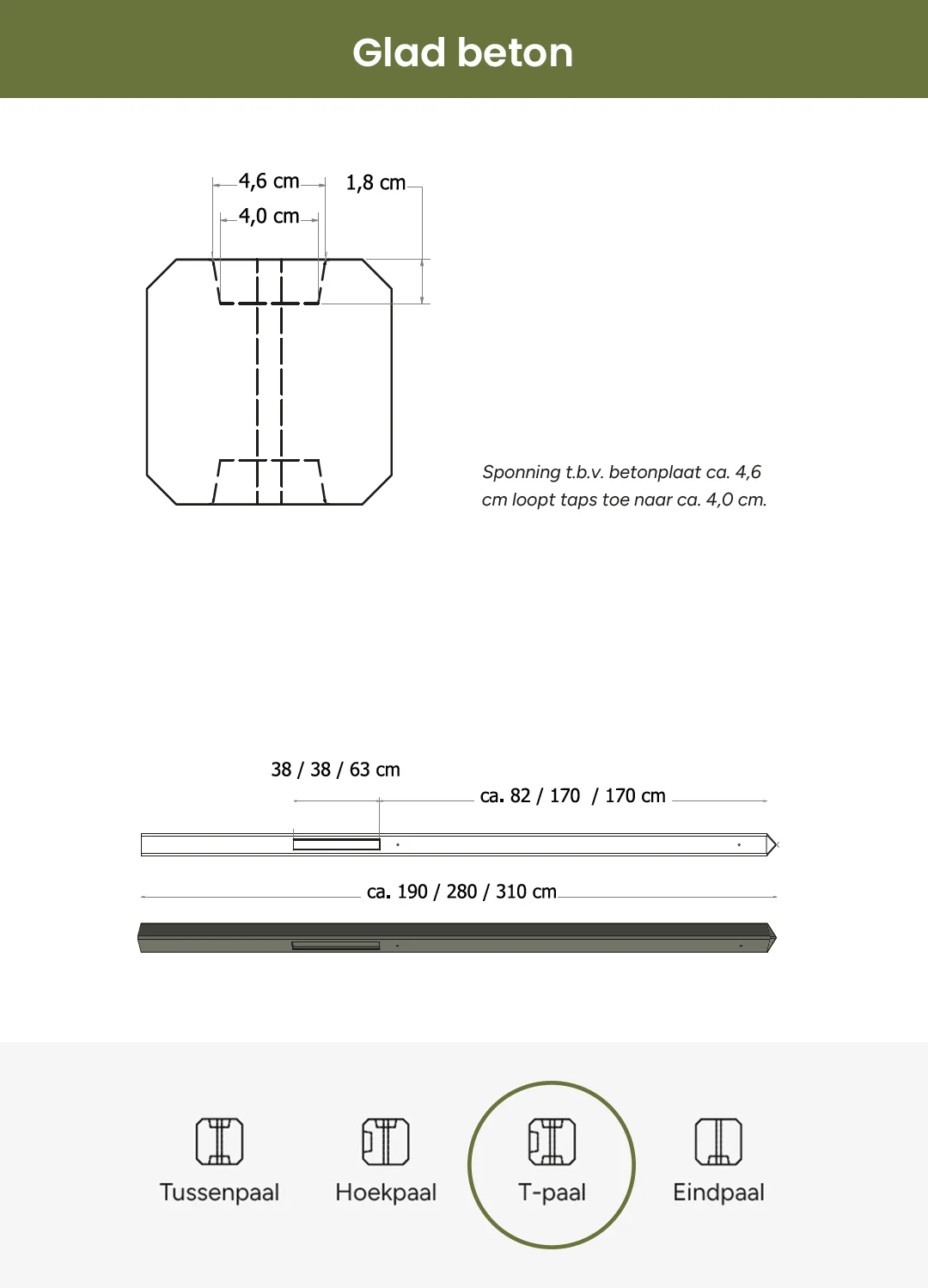 Betonpaal glad met diamantkop | grijs ongecoat | 10 x 10 x 280 cm | T-paal - Afbeelding 2